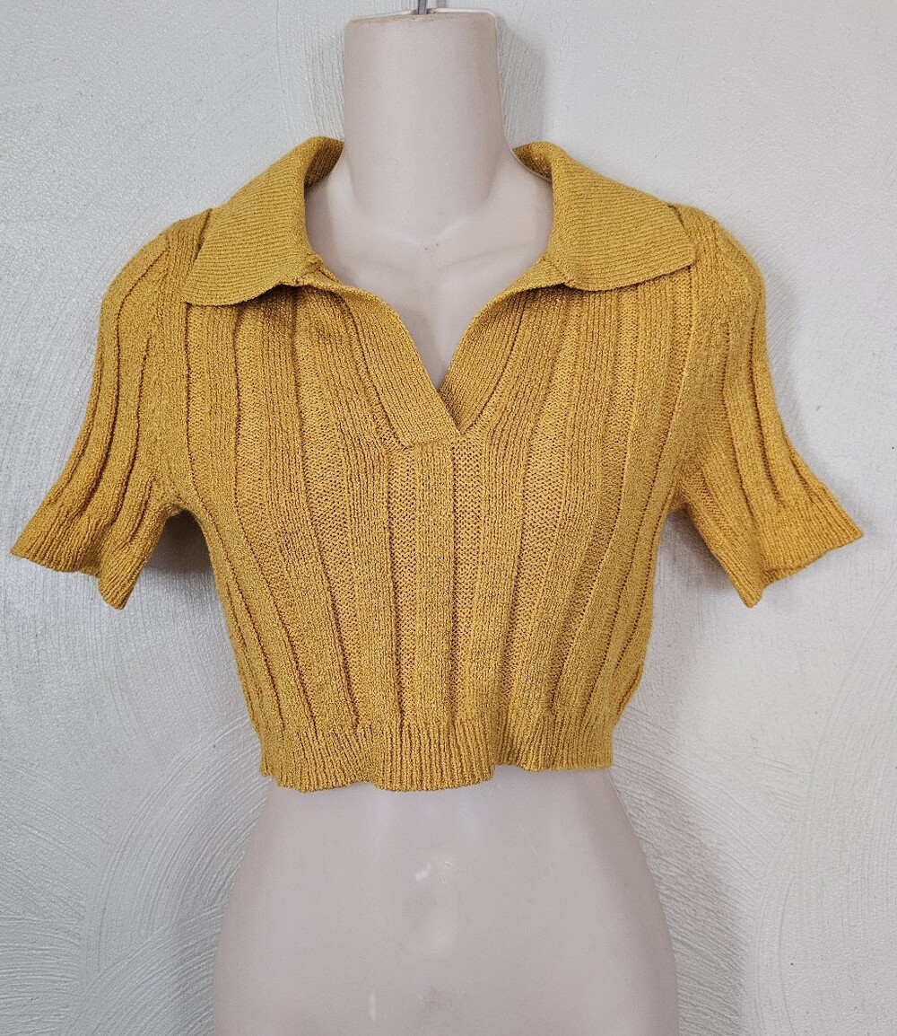 Hesperus Cropped Mustard Yellow Knit Polo Top Size Womens Large
